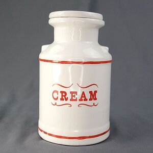 Ceramic Canister White Red Country Farmhouse Vintage Cream Jar